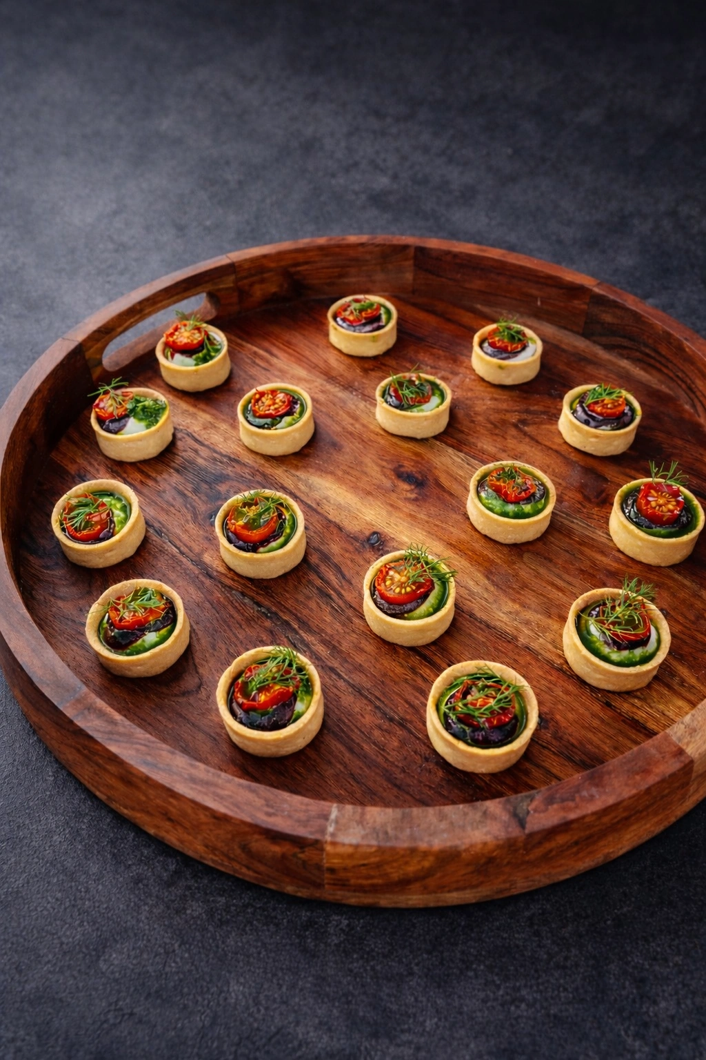 Tomato and basil tartlet canapés on wooden tray