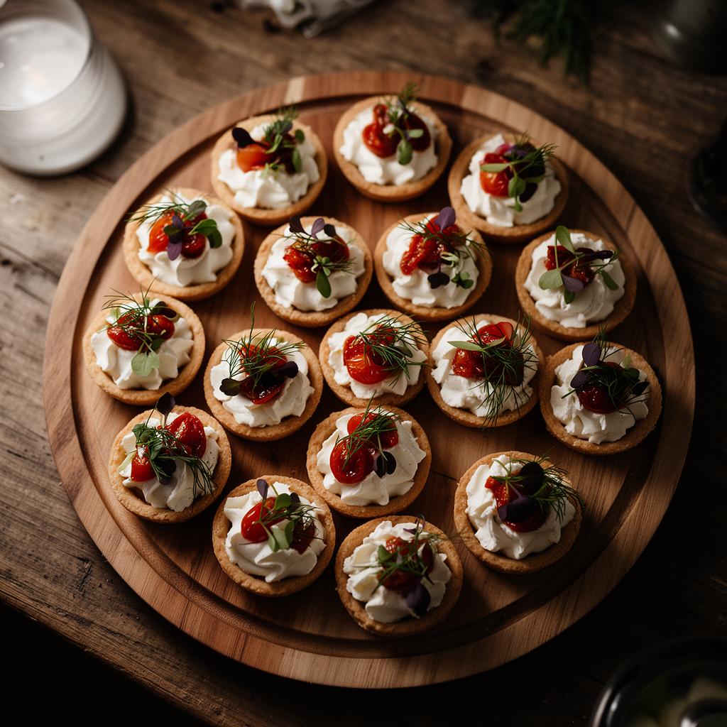 Tomato and dill tartlet canapés on a round wooden tray